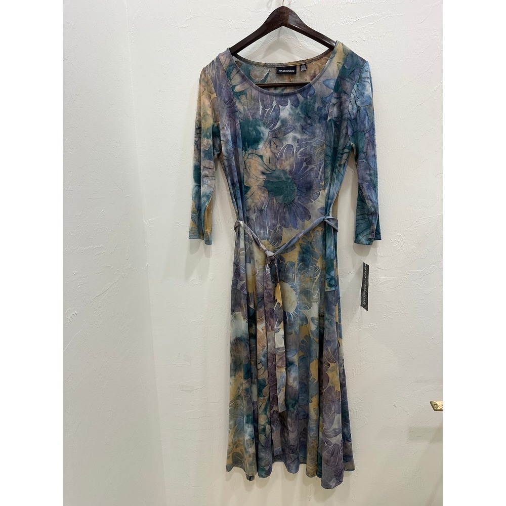 Nina Leonard Floral Burnout Midi Dress 3/4 Sleeve Blue Purple Size M NWT - Picture 2 of 11